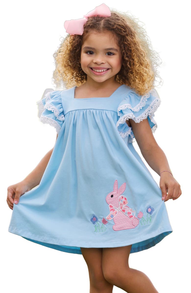 Mia Belle Girls Girls Blue Bunny Bliss Flutter Sleeve Dress, Main, color, 