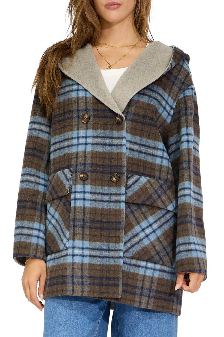 Coastal Edit Hooded Wool Blend Coat, Alternate, color, CHECK
