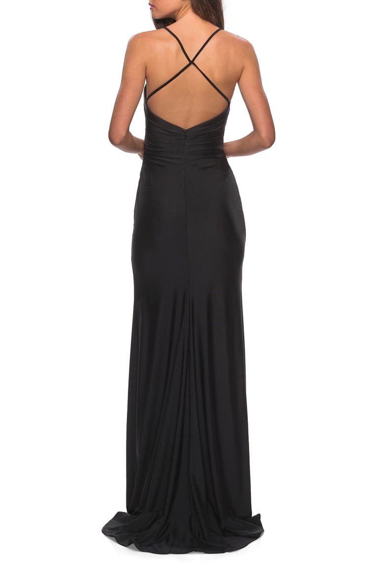 Cross Back Satin Jersey Trumpet Gown, Alternate, color, BLACK