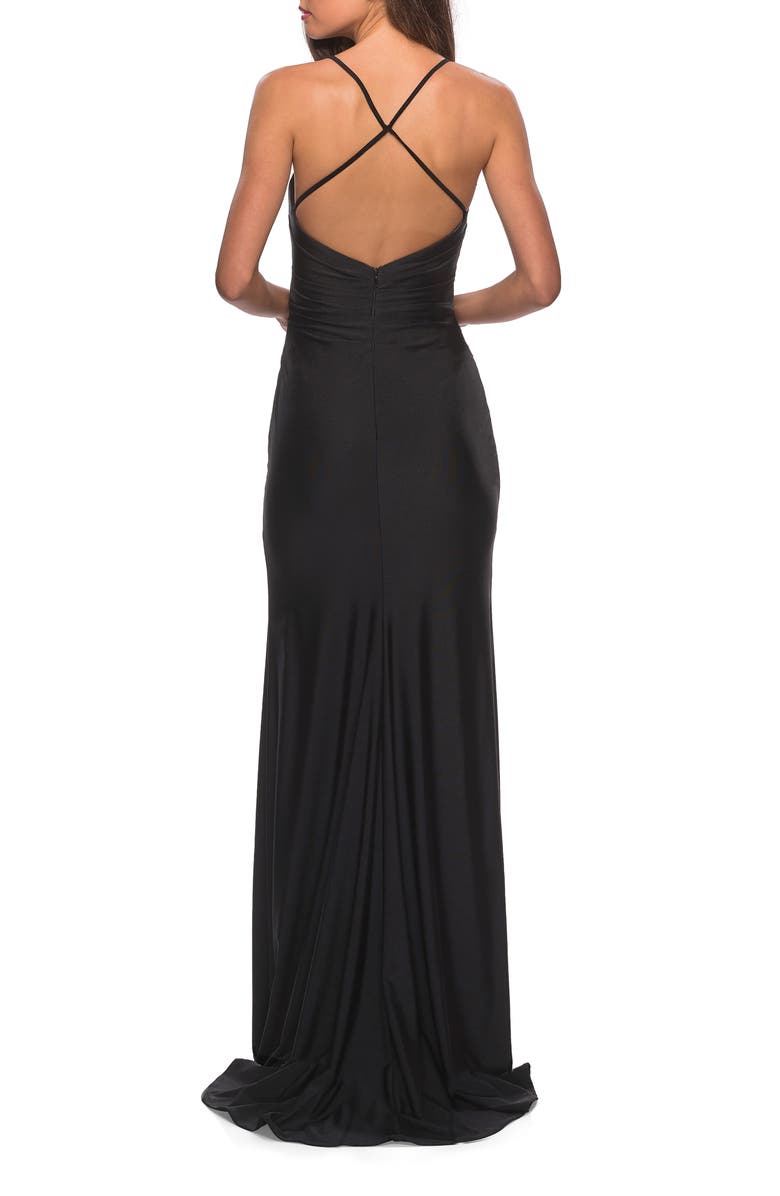 La Femme Cross Back Satin Jersey Trumpet Gown, Alternate, color, 