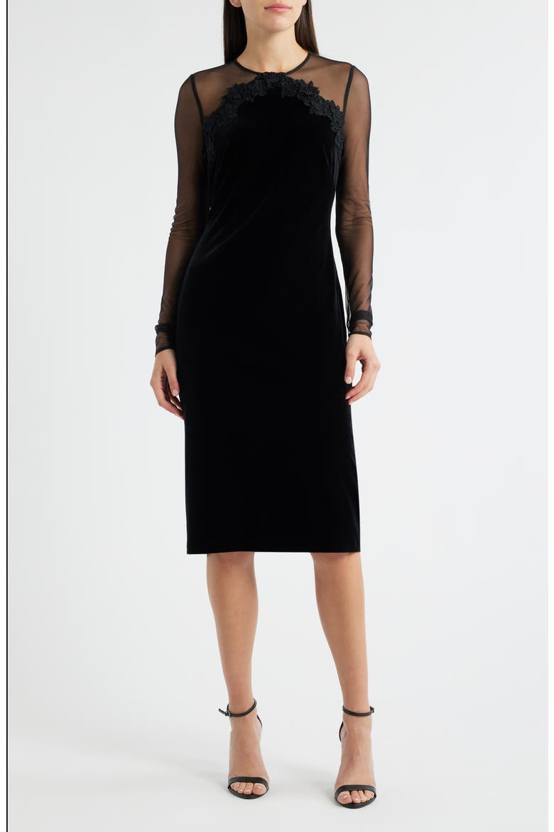 Floral Appliqué Long Sleeve Velvet Cocktail Dress, Main, color, BLACK