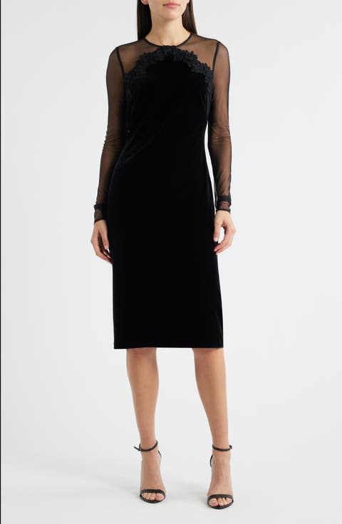 Floral Appliqué Long Sleeve Velvet Cocktail Dress