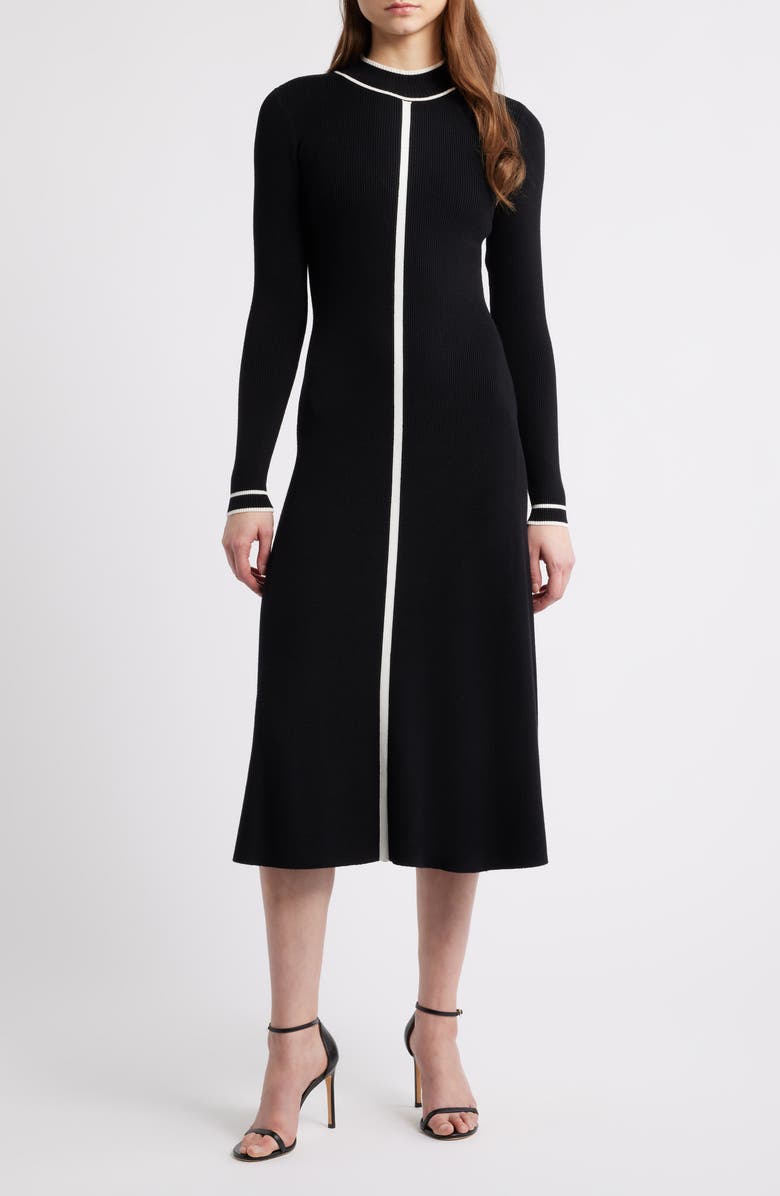 Elie Tahari The Noemi Contrast Trim Long Sleeve Rib Midi Dress, Main, color, Noir/ Sky White