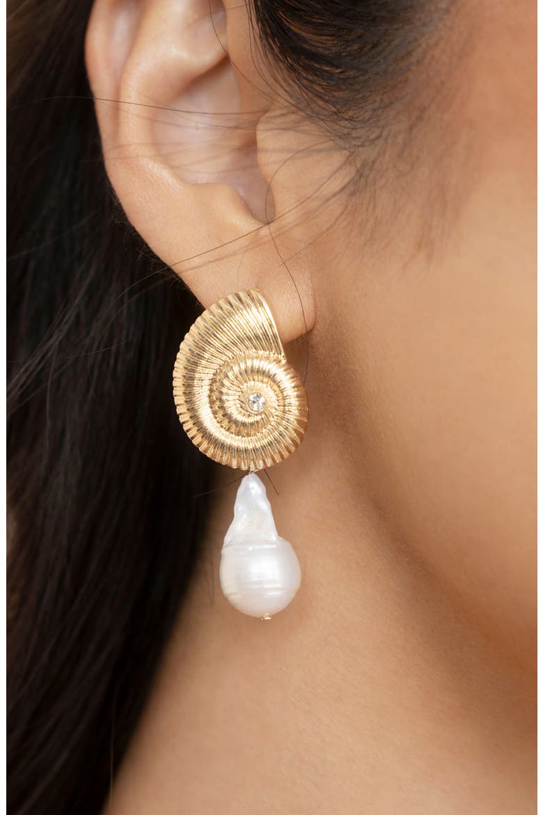 Swirl Shell Freshwater Pearl Drop Earrings, Alternate, color, GOLD