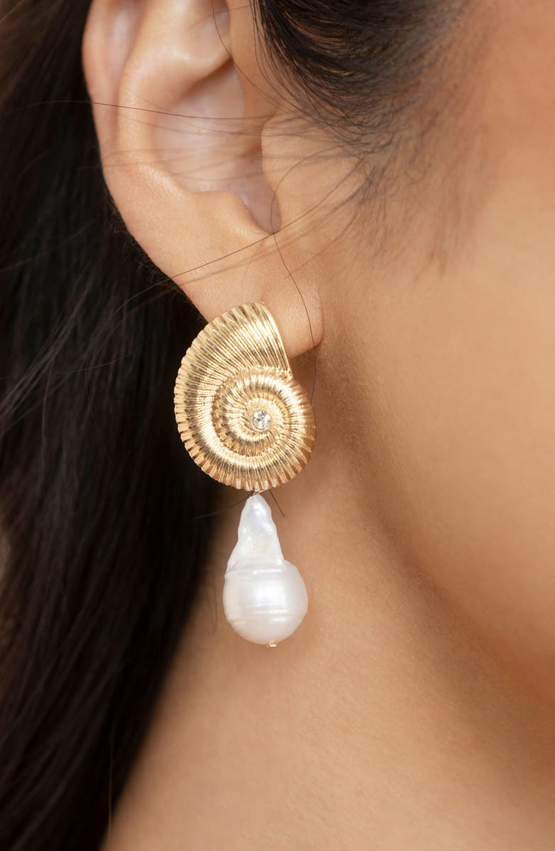 Ettika Swirl Shell Freshwater Pearl Drop Earrings, Alternate, color, Gold