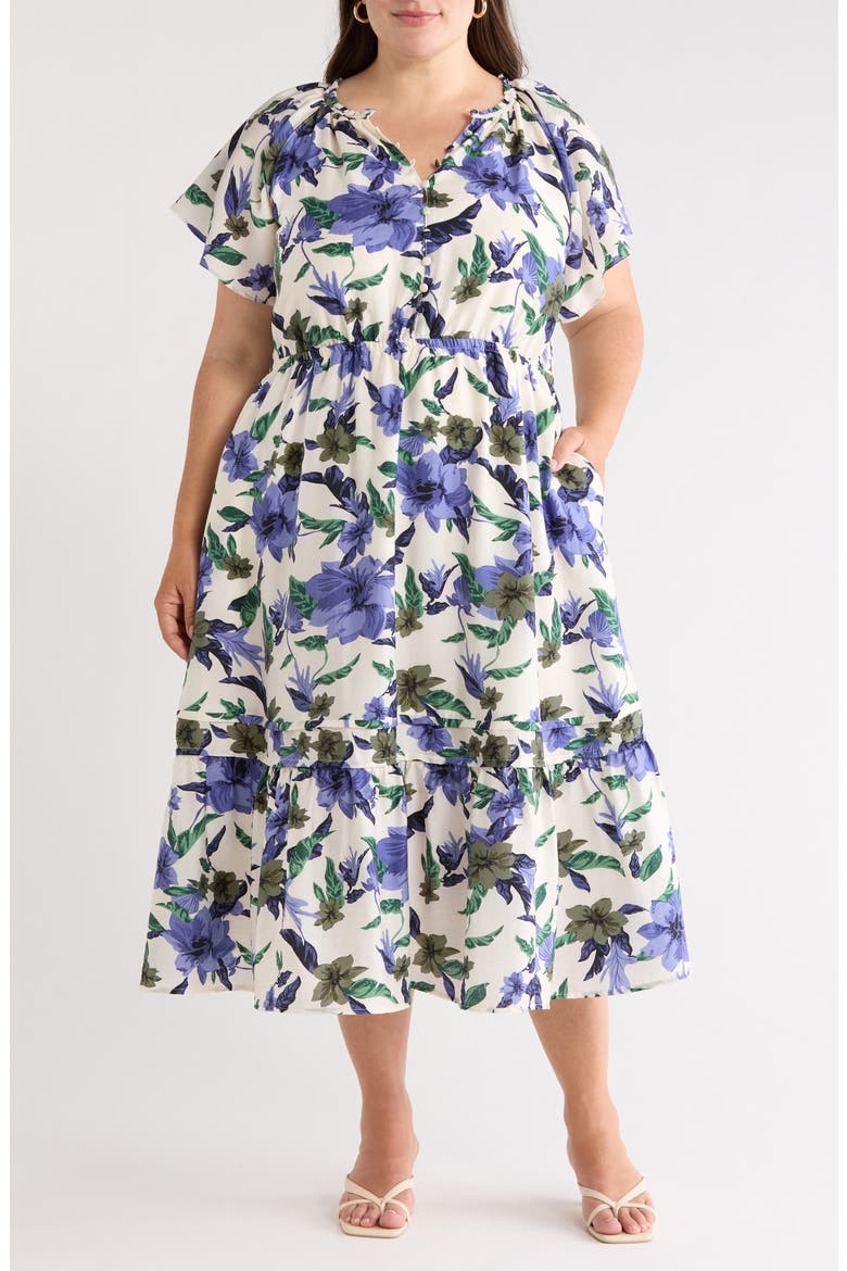 Flutter Sleeve Tiered Dress, Main, color, IVORY- BLUE SEA FLORAL