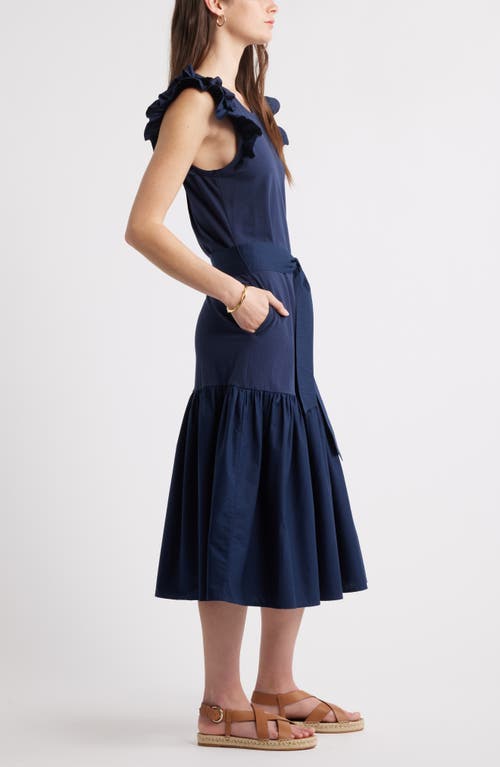 Caslonr Caslon(r) Ruffle Tie Waist Mixed Media Dress In Navy Blazer