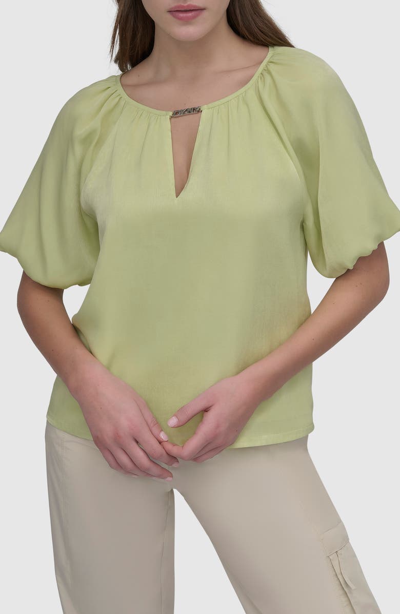 DKNY Logo Puff Sleeve Top, Main, color, Tea Green