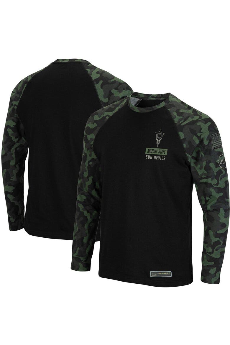 Men's Colosseum Black Arizona State Sun Devils OHT Military Appreciation Camo Raglan Long Sleeve T-Shirt, Main, color, Black