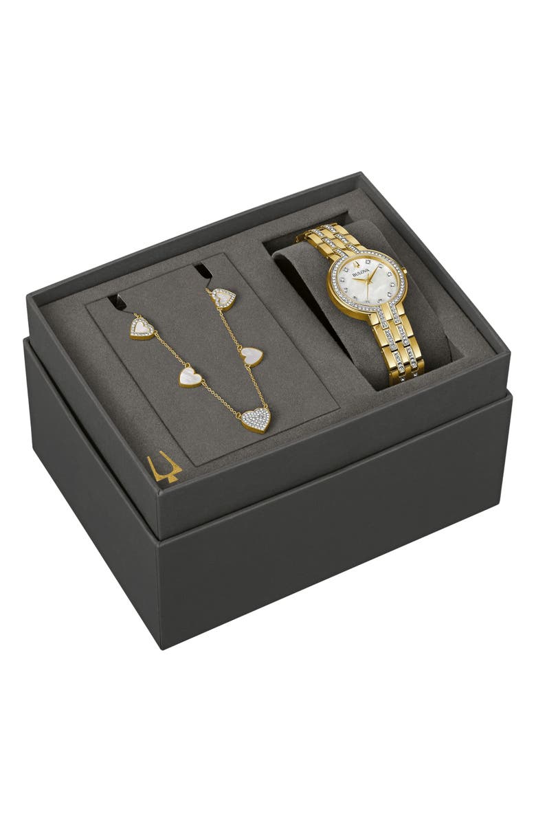 BULOVA Crystal Collection Bracelet Watch & Station Necklace Set, 30mm, Alternate, color, Gold