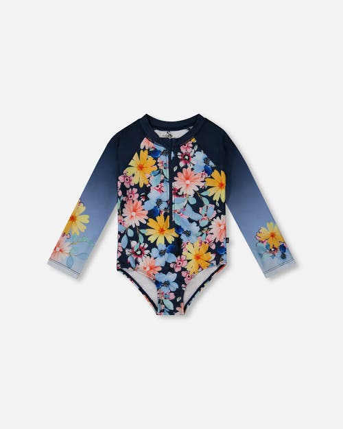 Deux Par Deux Little Girl's Printed Long Sleeve Rashguard Navy And Yellow And Pink Flowers In Navy Yellow And Pink Flowers