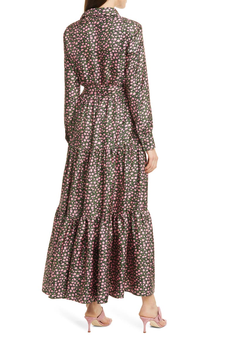 LaDouble J Bellini Floral Print Silk Twill Long Sleeve Maxi Shirtdress, Alternate, color, DAISY