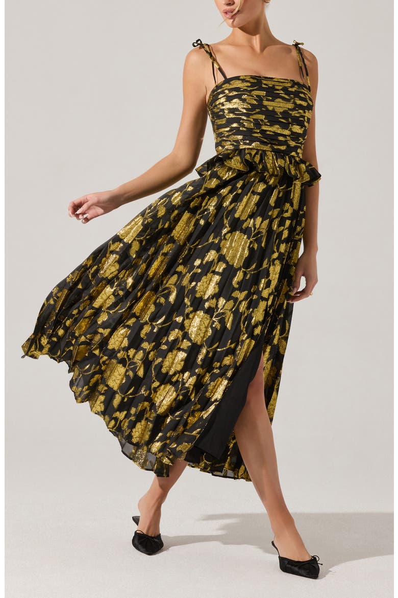 Emerys Metallic Floral Pleated Midi Dress, Alternate, color, BLACK GOLD