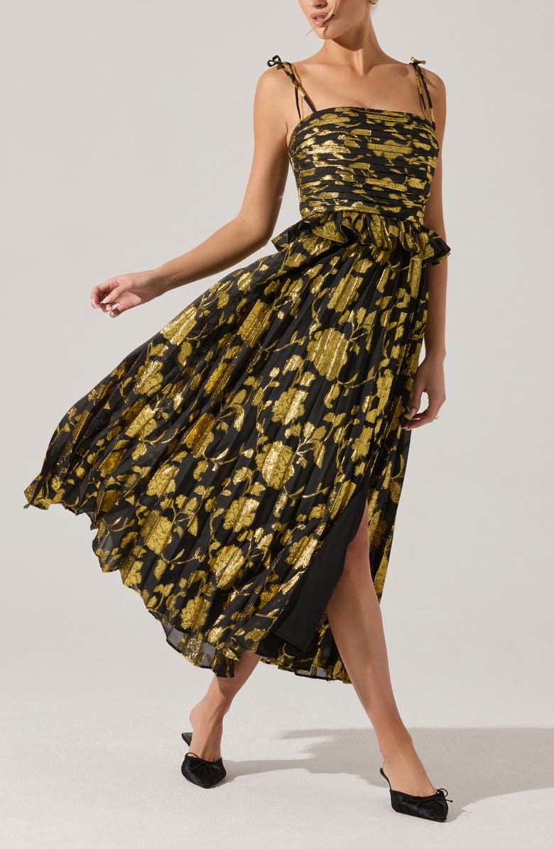 ASTR the Label Emerys Metallic Floral Pleated Midi Dress, Alternate, color, Black Gold