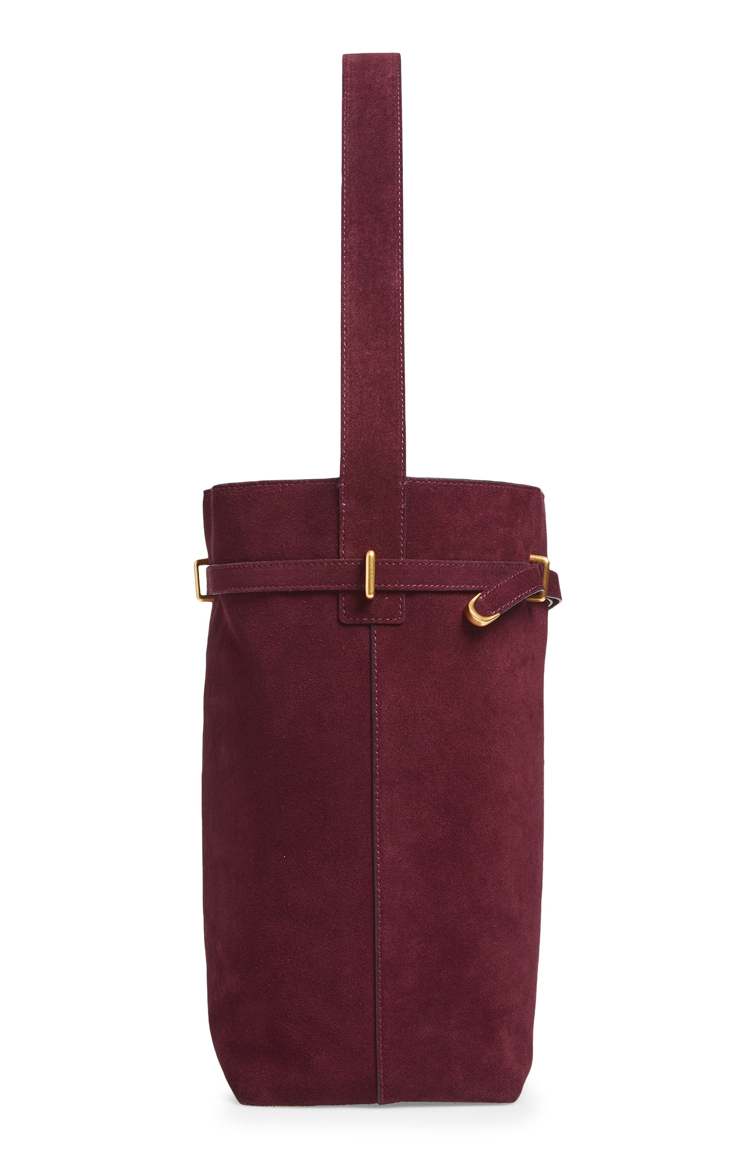 Madewell The Essential Belted Suede Bucket Tote, Alternate, color, Dark Burgundy