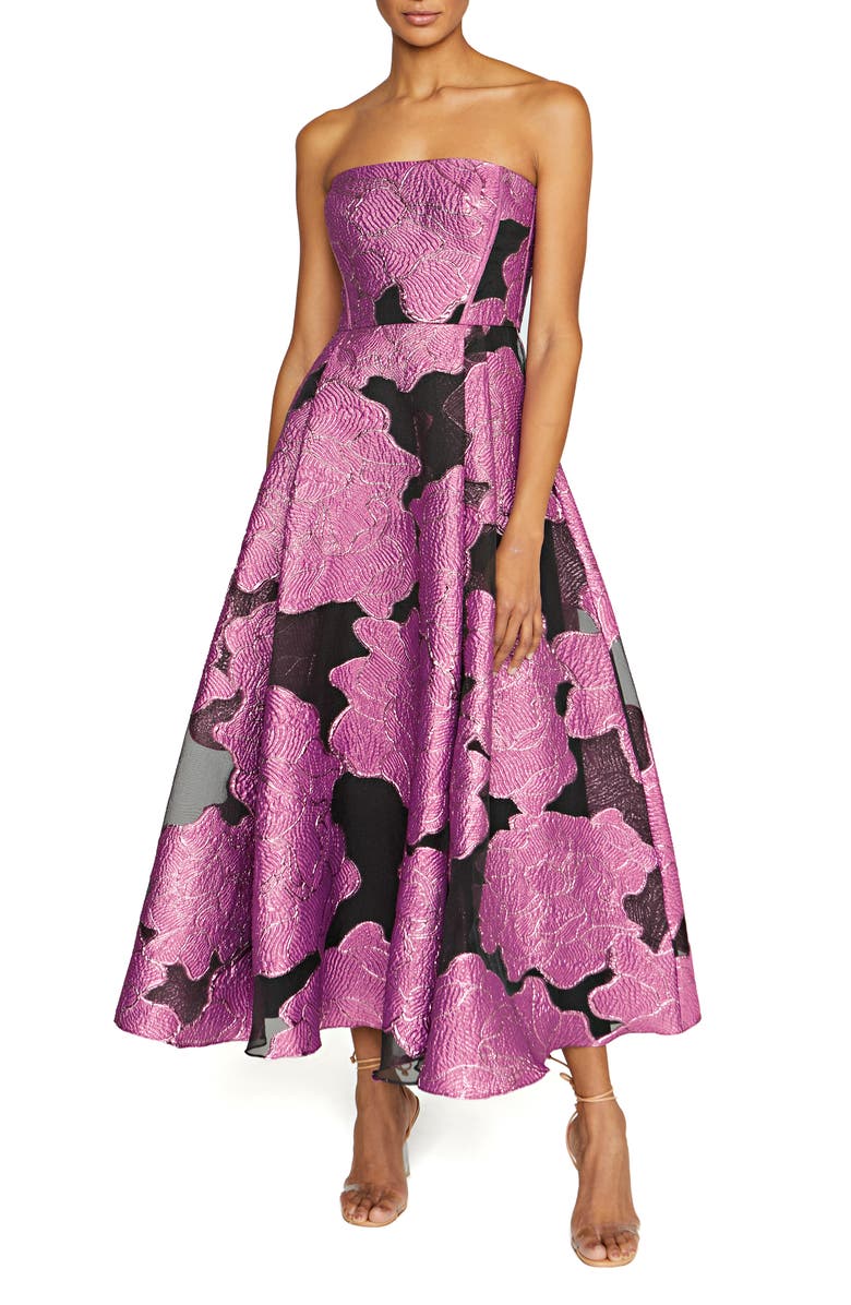ML Monique Lhuillier Elle Metallic Strapless Jacquard Cocktail Dress, Main, color, French Fuchsia/ Black