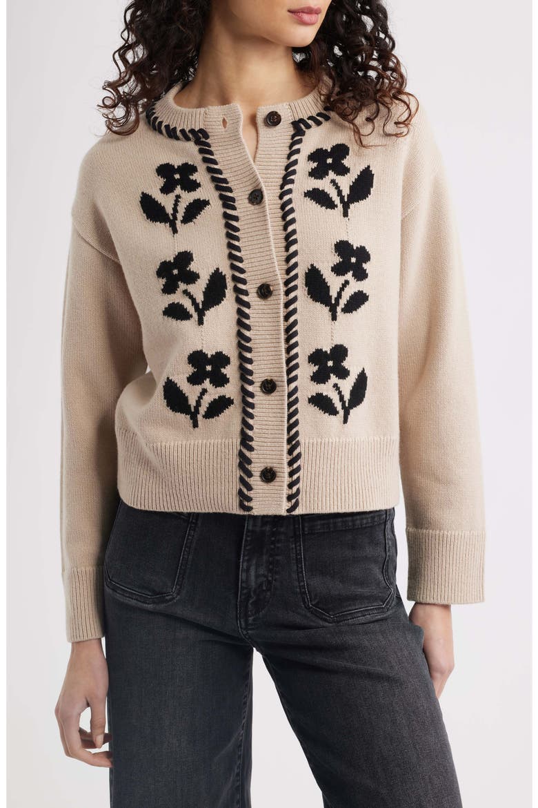 Mavie Intarsia Floral Cardigan, Main, color, OAT BLACK