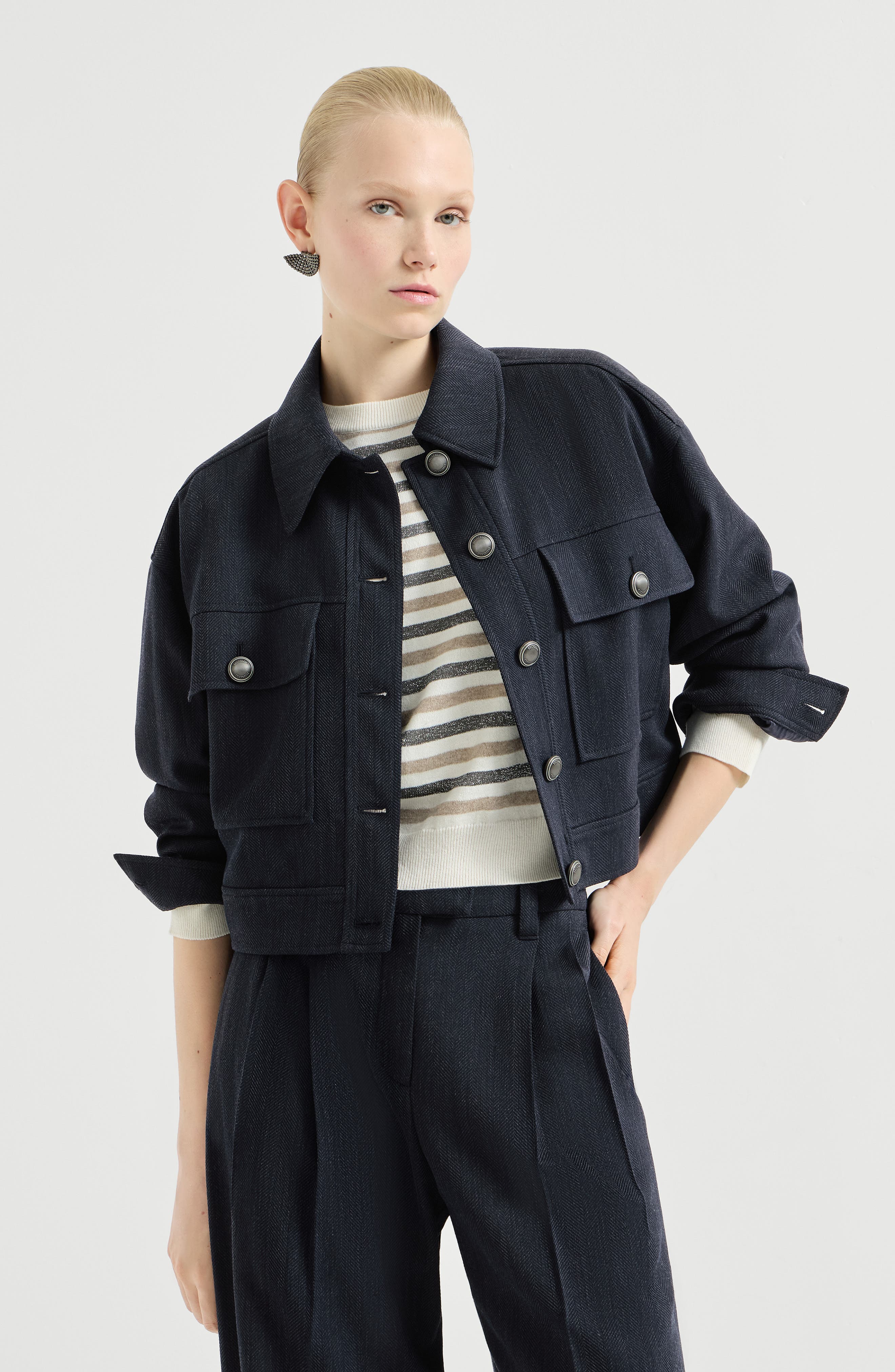 Crepe chevron cropped outerwear jacket