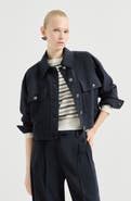 Brunello Cucinelli Virgin wool crêpe chevron cropped outerwear jacket with monili