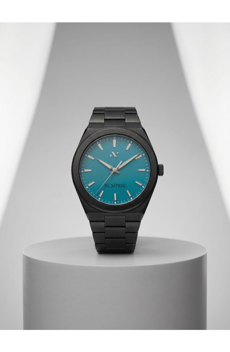 NCMPRBL Elevate Link Maldives Swiss Bracelet Watch, 42MM, Main, color, Obsidian Black/Aqua