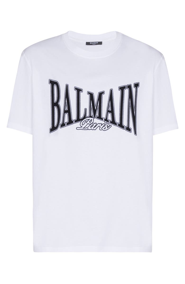 Balmain Short-sleeved T-shirt with flocked Balmain College print, Main, color, White