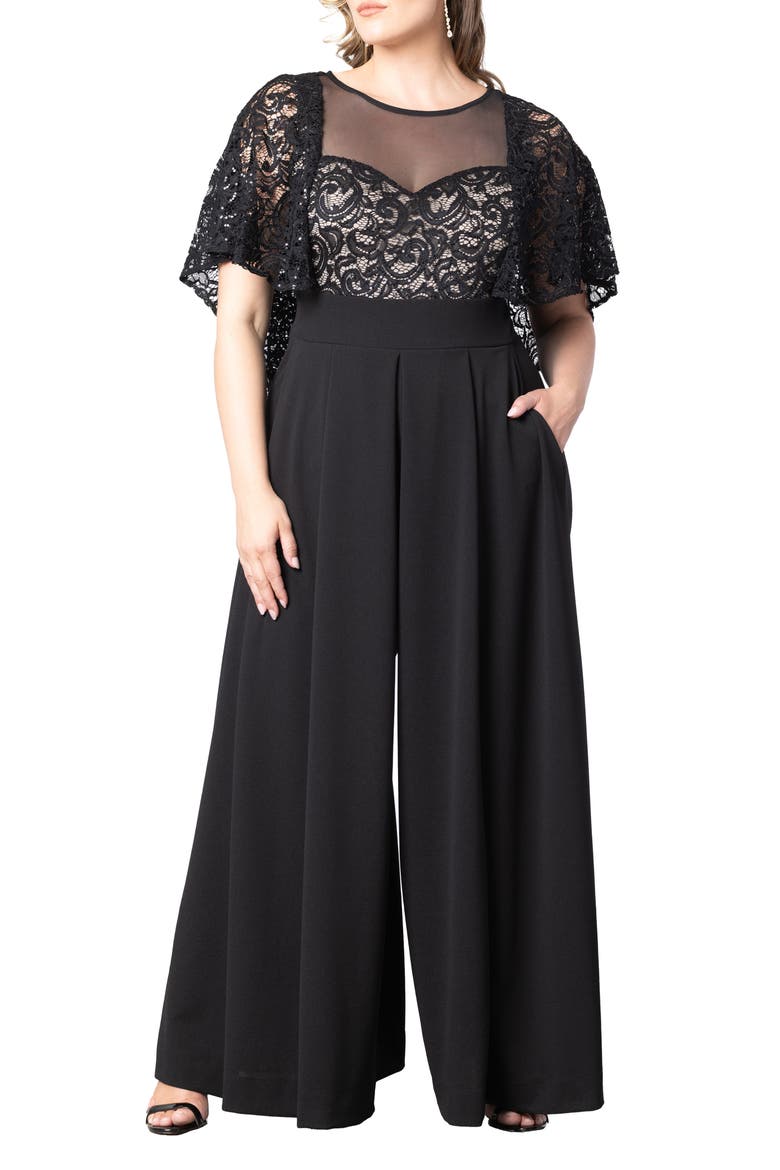 Sequin Lace Cape Jumpsuit, Main, color, BLACK/ NUDE