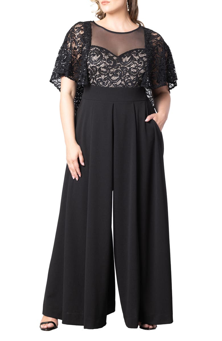 Kiyonna Sequin Lace Cape Jumpsuit, Main, color, Black/ Nude