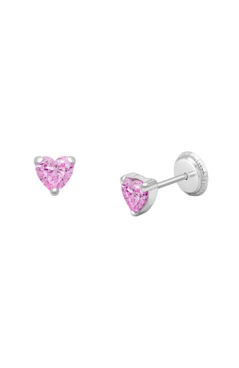 14K Gold 4mm Pink Heart Studs Screw Back Earrings