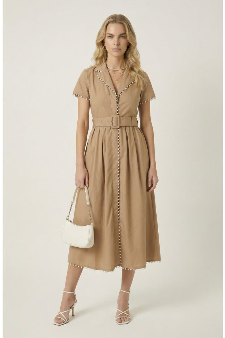 Short Sleeve Collared Midi Dress with Pearl Details and Statement Belt, Main, color, Beige