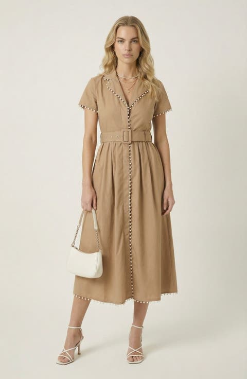 Short Sleeve Collared Midi Dress with Pearl Details and Statement Belt