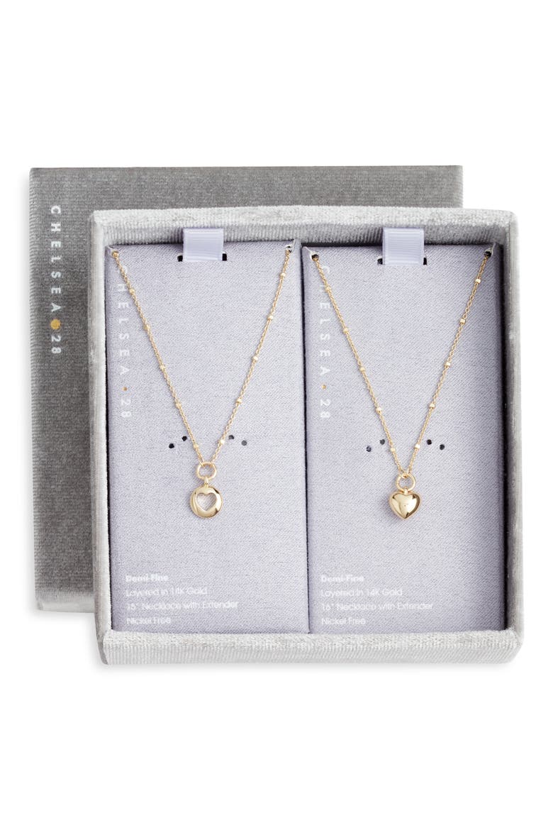 Gift Boxed Set of Two Demi Fine Mommy & Me Puffed Heart Pendant Necklaces, Main, color, GOLD