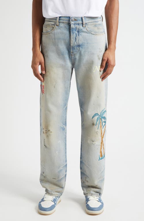 Amiri Distressed Embroidered Denim Trousers In Gray