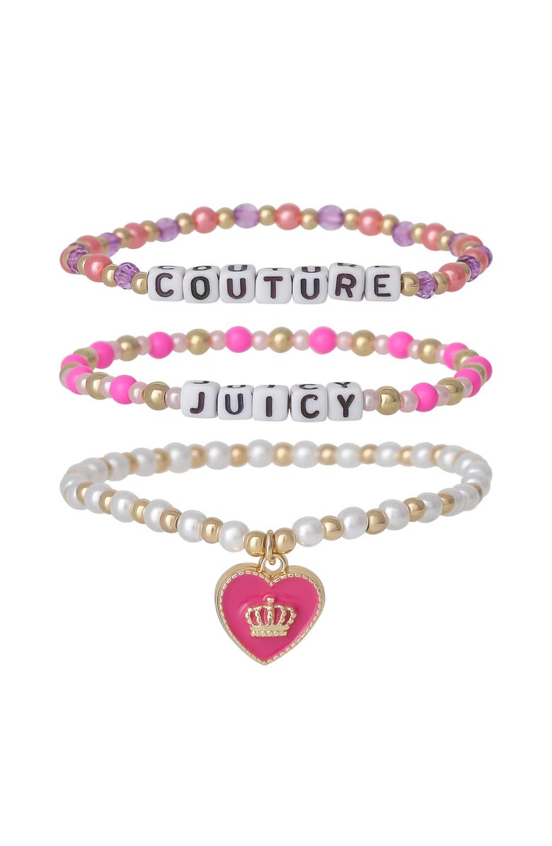 Juicy Couture Kids "Juicy" Heart Charm 3-Piece Beaded Bracelets, Main, color, Multicolor