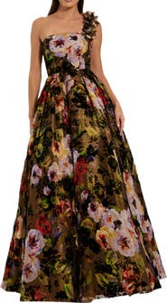 Mac Duggal Multicolor One Shoulder Embossed Organza 3D Flower Gown