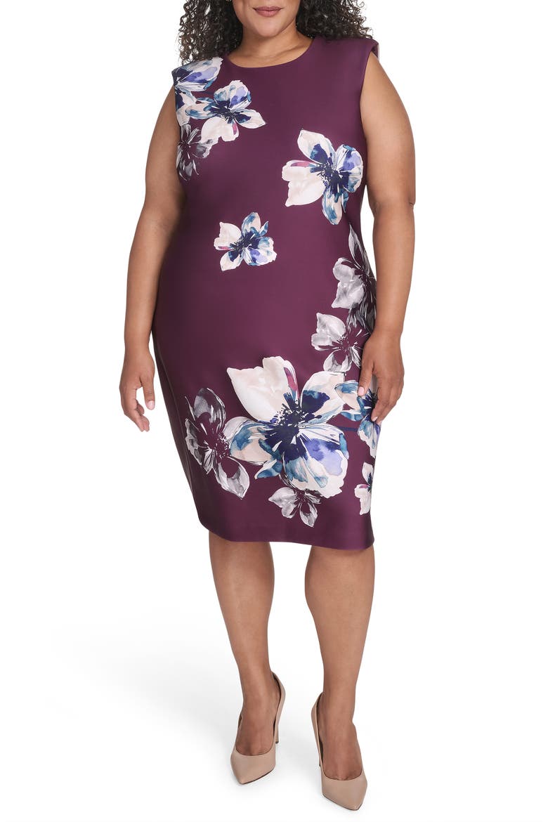 Floral Sleeveless Scuba Sheath Dress, Main, color, AUBERGINE MULTI