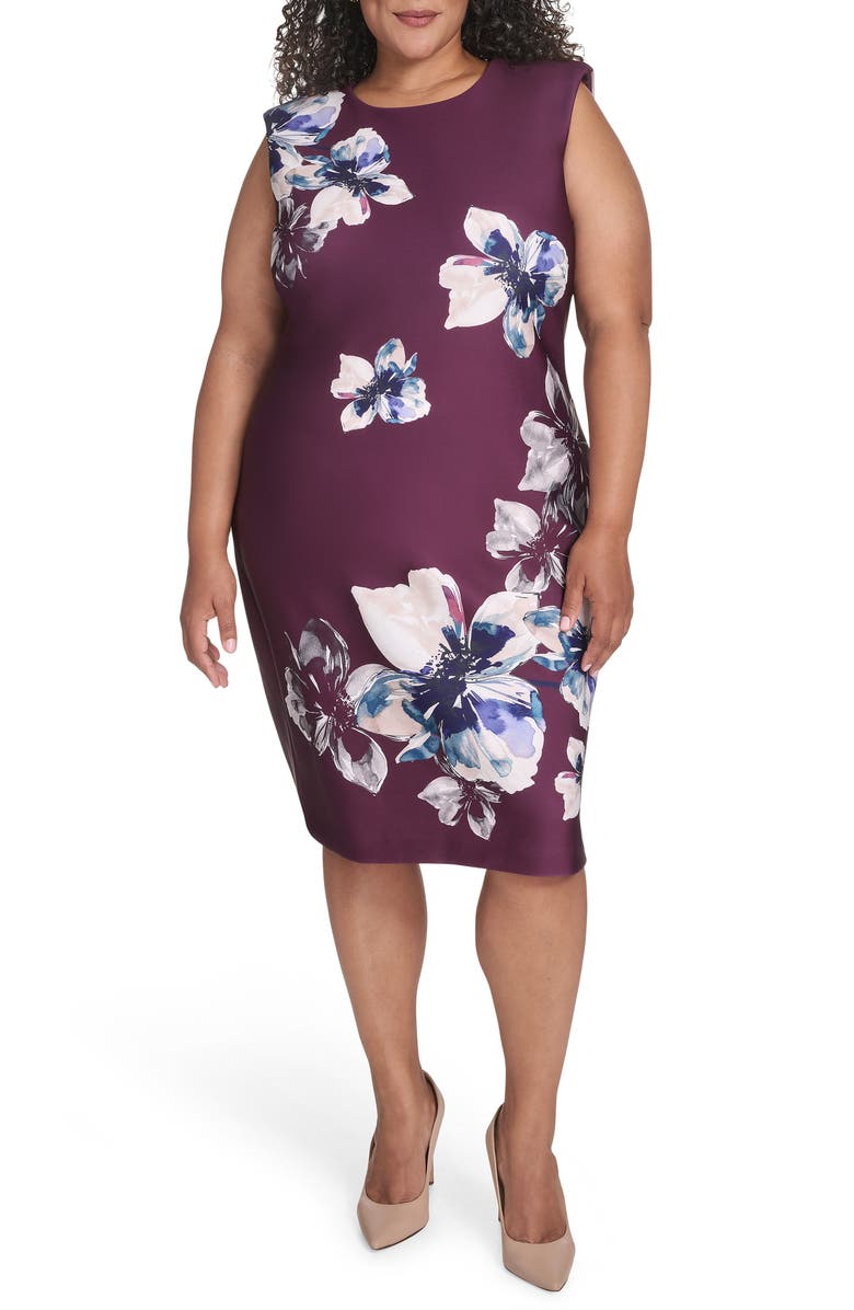 Calvin Klein Floral Sleeveless Scuba Sheath Dress, Main, color, Aubergine Multi