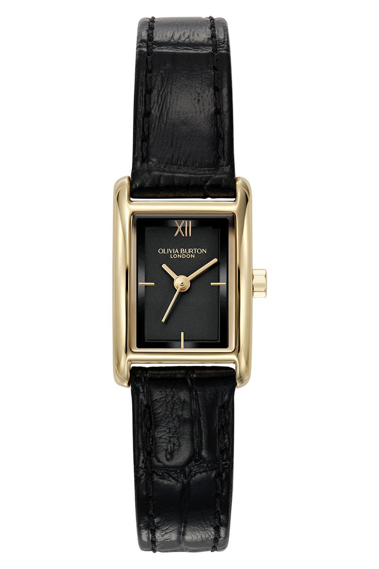 Mini Grove Rectangular Croc Embossed Leather Strap Watch, 16mm, Main, color, BLACK