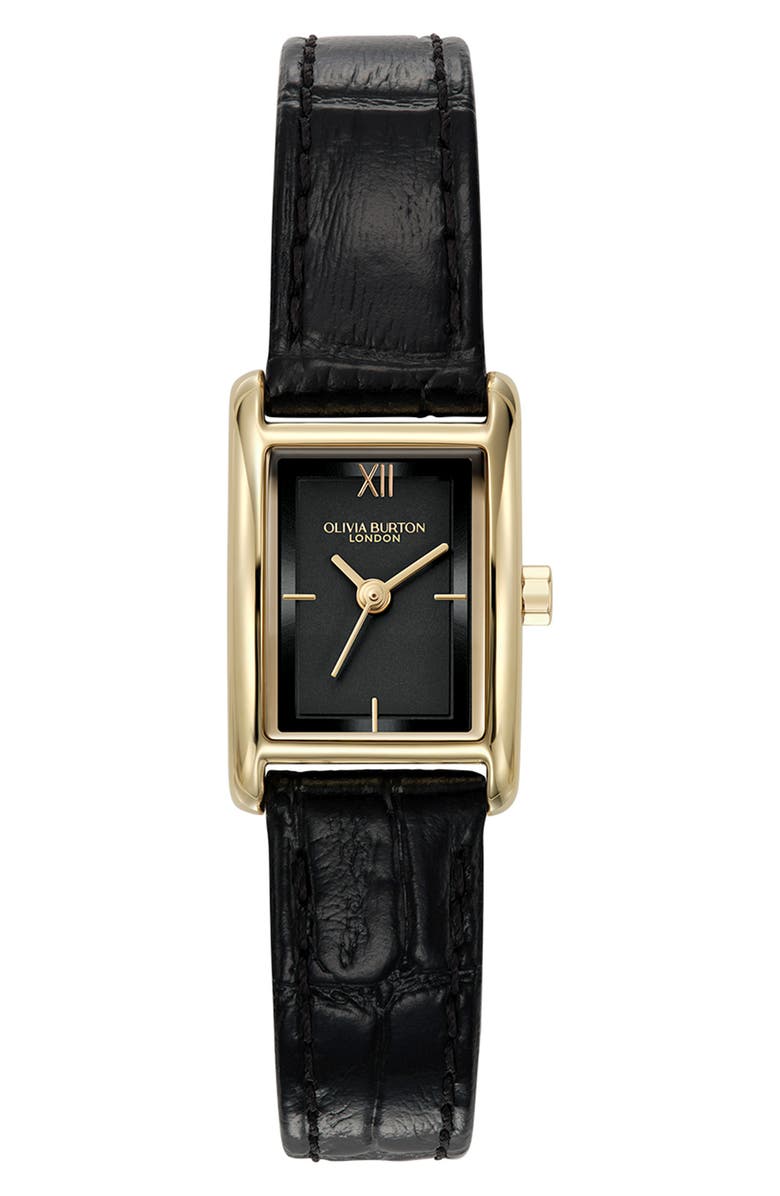 Olivia Burton Mini Grove Rectangular Croc Embossed Leather Strap Watch, 16mm, Main, color, Black