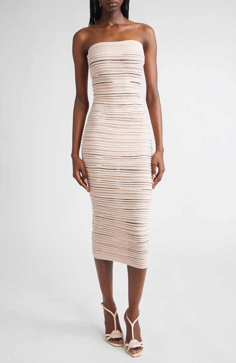 Balmain Textured Stripe Strapless Knit Body-Con Dress, Main, color, Beige Multi