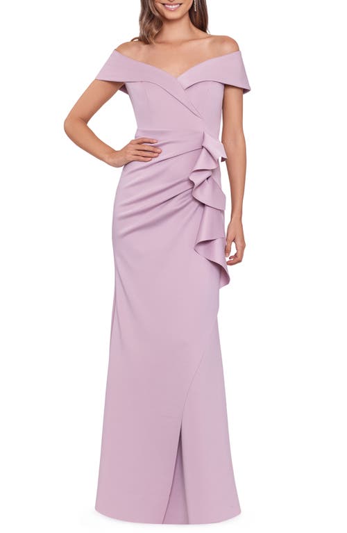 Xscape Evenings Ruffle Off The Shoulder Scuba Gown In Rose