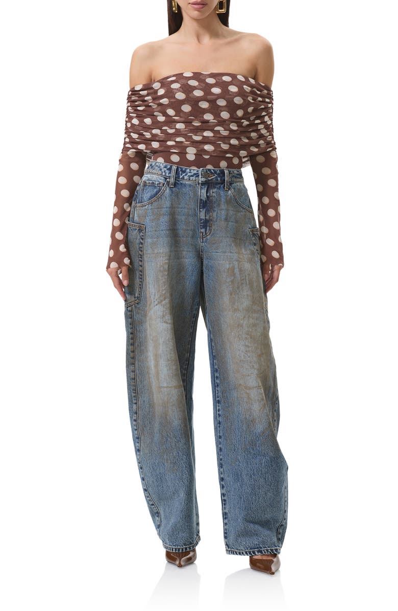 AFRM Maxine Ruched Off the Shoulder Mesh Bodysuit, Alternate, color, Chocolate Halo Dot