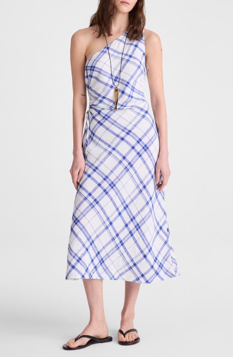 Ruched One-Shoulder Linen Midi Dress