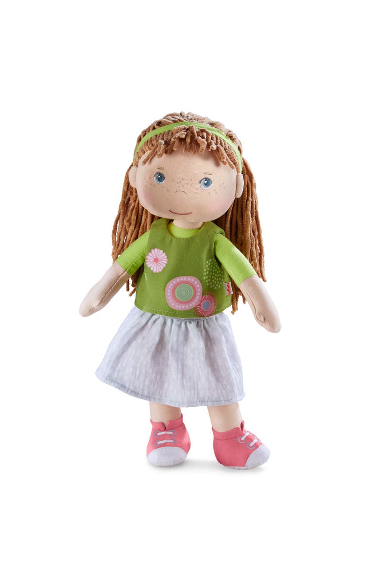 HABA 12" Soft Baby Doll Hedda with Brown Hair, Blue Eyes & Embroidered Face, Washable Toddler Doll for 18 Months+, Main, color, Green Multi