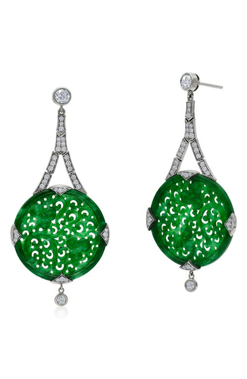 Fred Leighton Pierced Foliate Jade Disc & Diamond Drop Earrings In White Gold