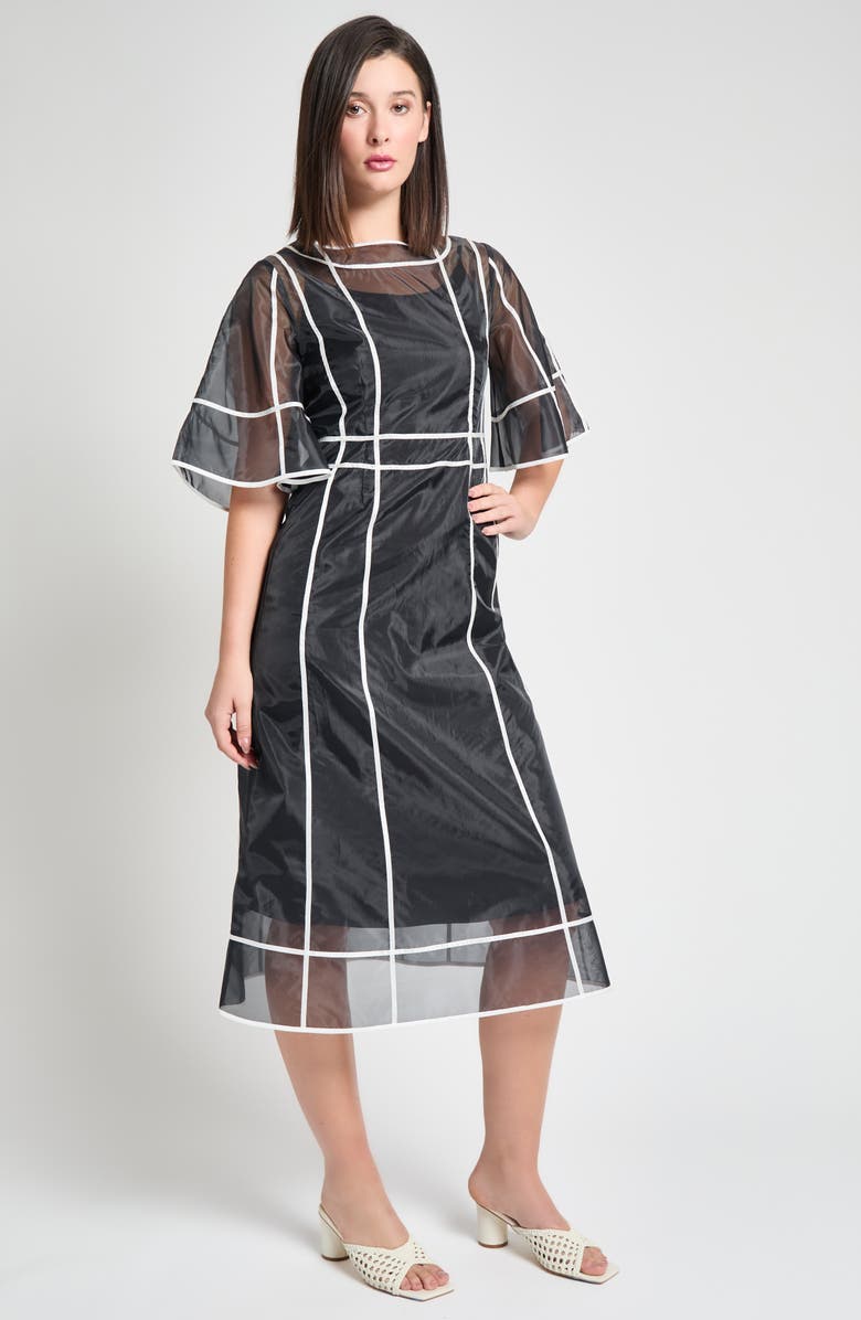 Ming Wang Modern Fit Organza Contrast Stripe A-Line Midi Dress, Alternate, color, Black/ White