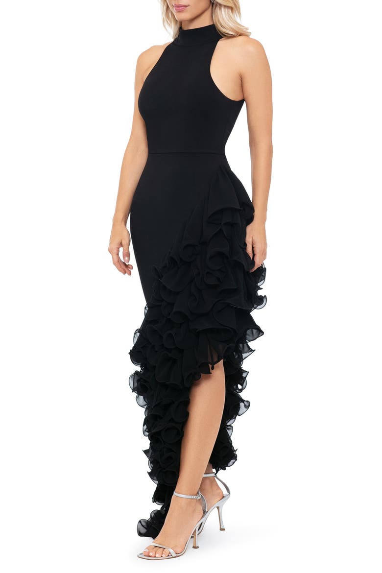 Ruffle Detail Asymmetric Body-Con Ponte Gown, Alternate, color, BLACK