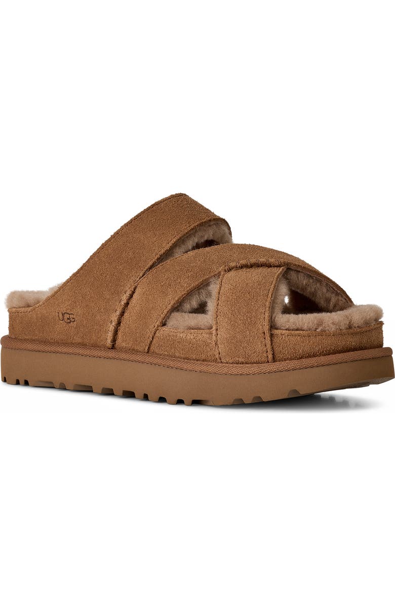 UGG<sup>®</sup> Greenport Genuine Shearling Lined Cross Strap Slide Sandal, Main, color, Chestnut