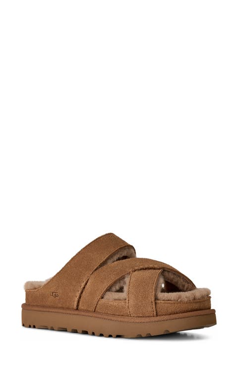 Greenport Genuine Shearling Lined Cross Strap Slide Sandal (Women)