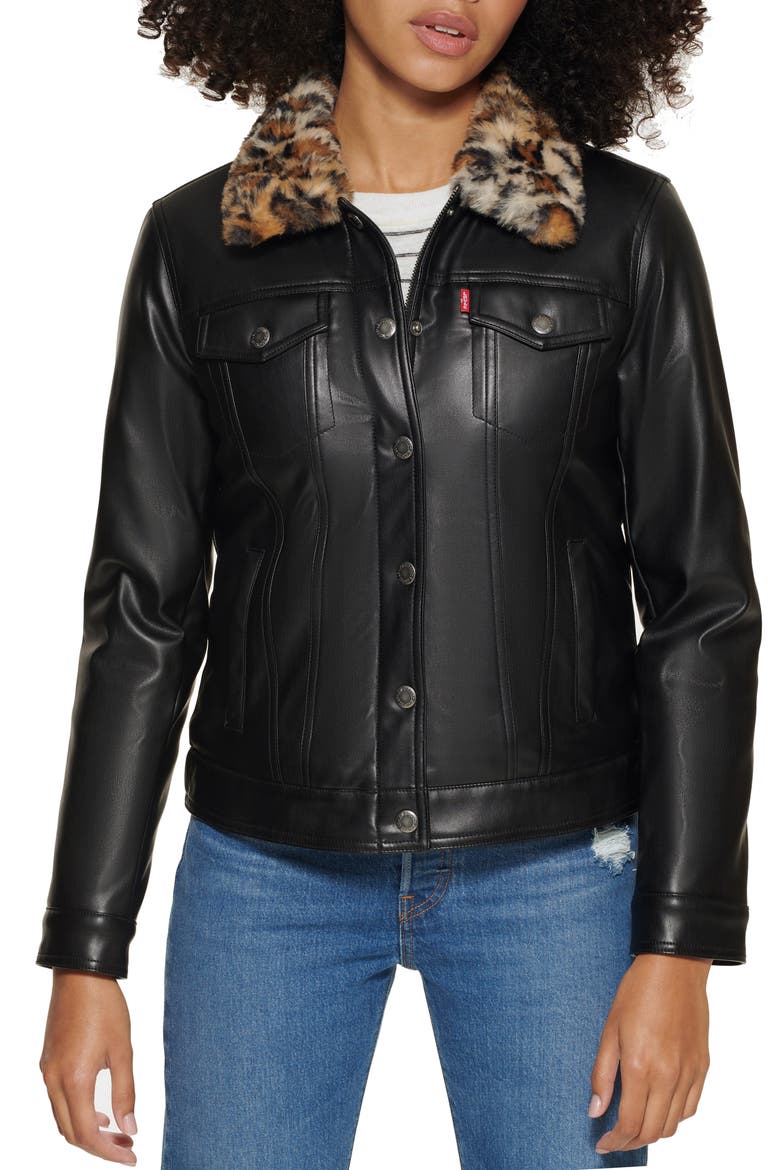 Levi's® Faux Fur Collar Faux Leather Trucker Jacket, Main, color, LEOPARD BLACK