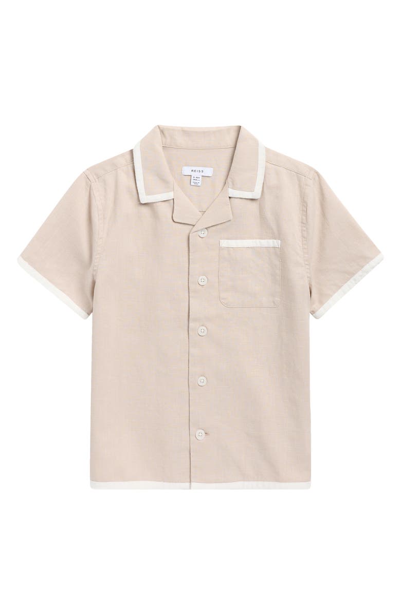 Reiss Kids' Vitan Cuban Short Sleeve Linen Button-Up Shirt, Main, color, Stone/ White